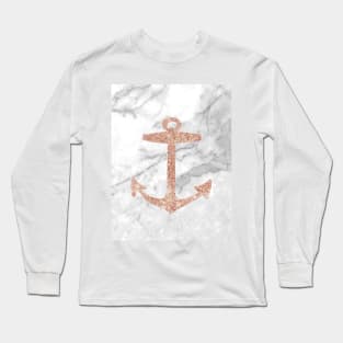 1980s Nautical Sailing Preppy White Marble  Rose Gold Anchor Long Sleeve T-Shirt